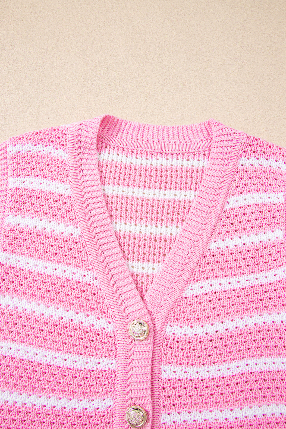 Pink Stripe V Neck Gold Buttons Elegant Sweater Vest