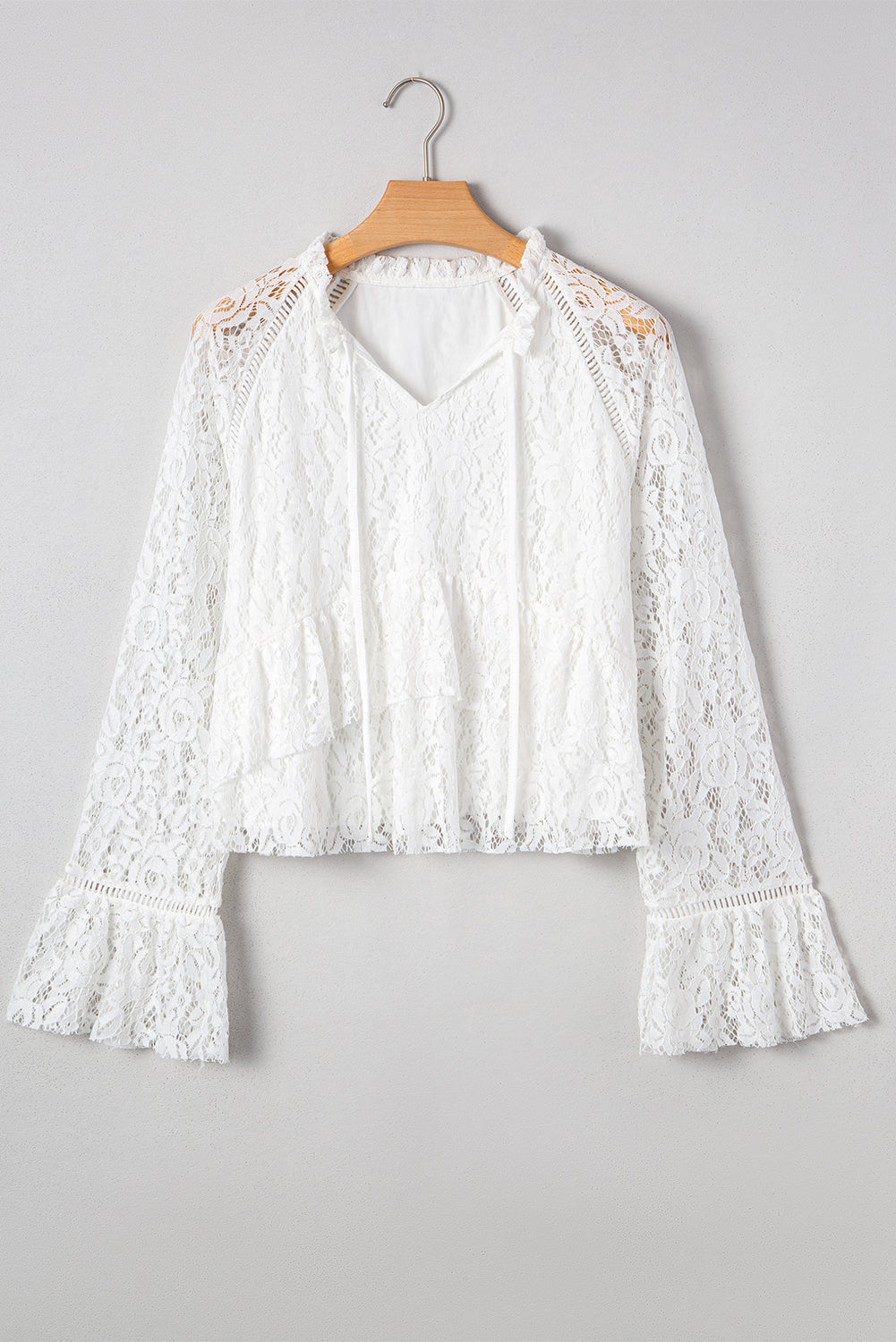 White Tie V Neck Lace Ruffle Detail Long Sleeve Blouse