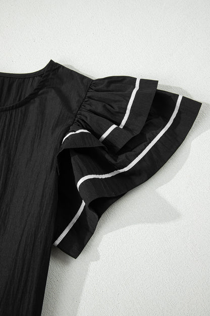 Black Contrast Trim Dual Ruffle Short Sleeve Textured Blouse
