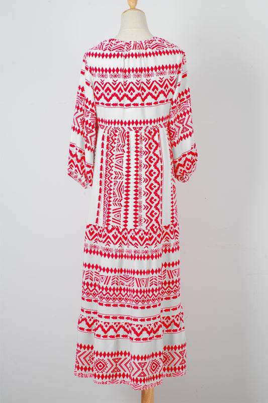 Red Boho Printed Half Sleeve Maxi Dress