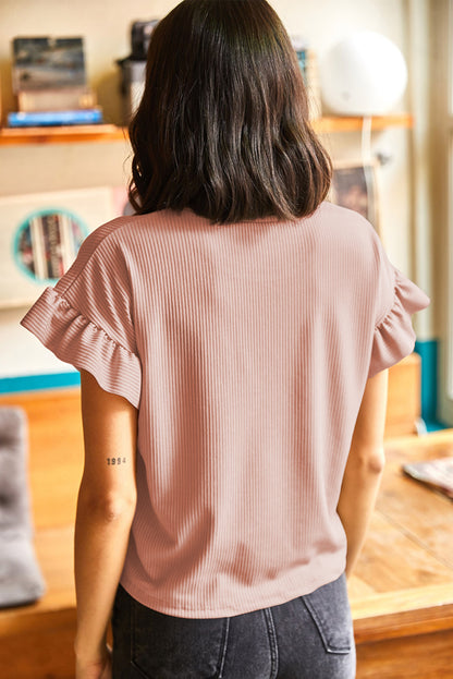 Dusty Pink Solid Color Ribbed Ruffled Short Sleeve T Shirt