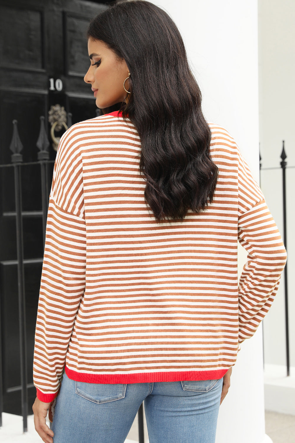 Brown Striped Contrast Trimmed Drop Shoulder Sweater