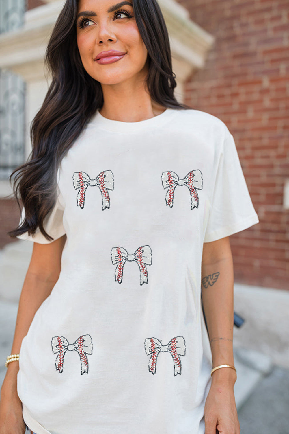 White Glitter Baseball Bow Patched Cotton Blend T Shirt