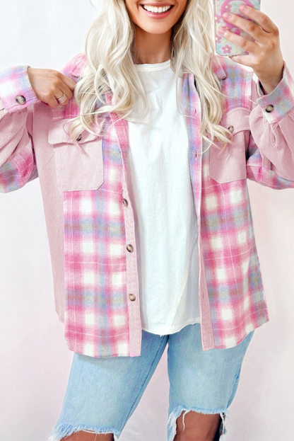 Pink Brushed Plaid Corduroy Flap Pockets Patchwork Shacket