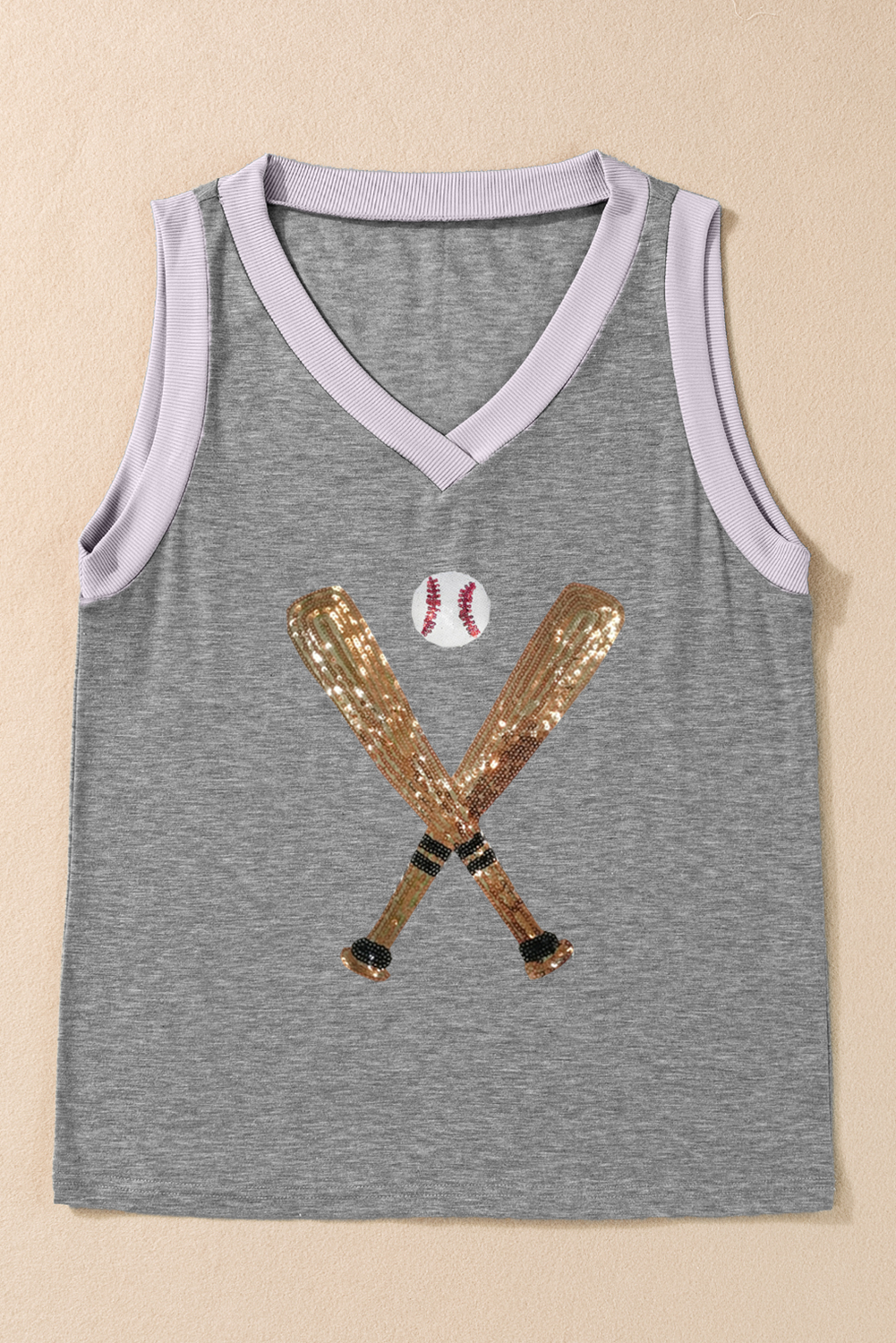 Gray Sequined Baseball Bat Graphic Ribbed Trim Casual Tank Top