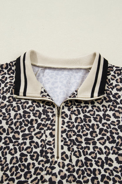 Khaki Leopard Print Zip Neck Striped Webbing Patchwork T Shirt Mini Dress