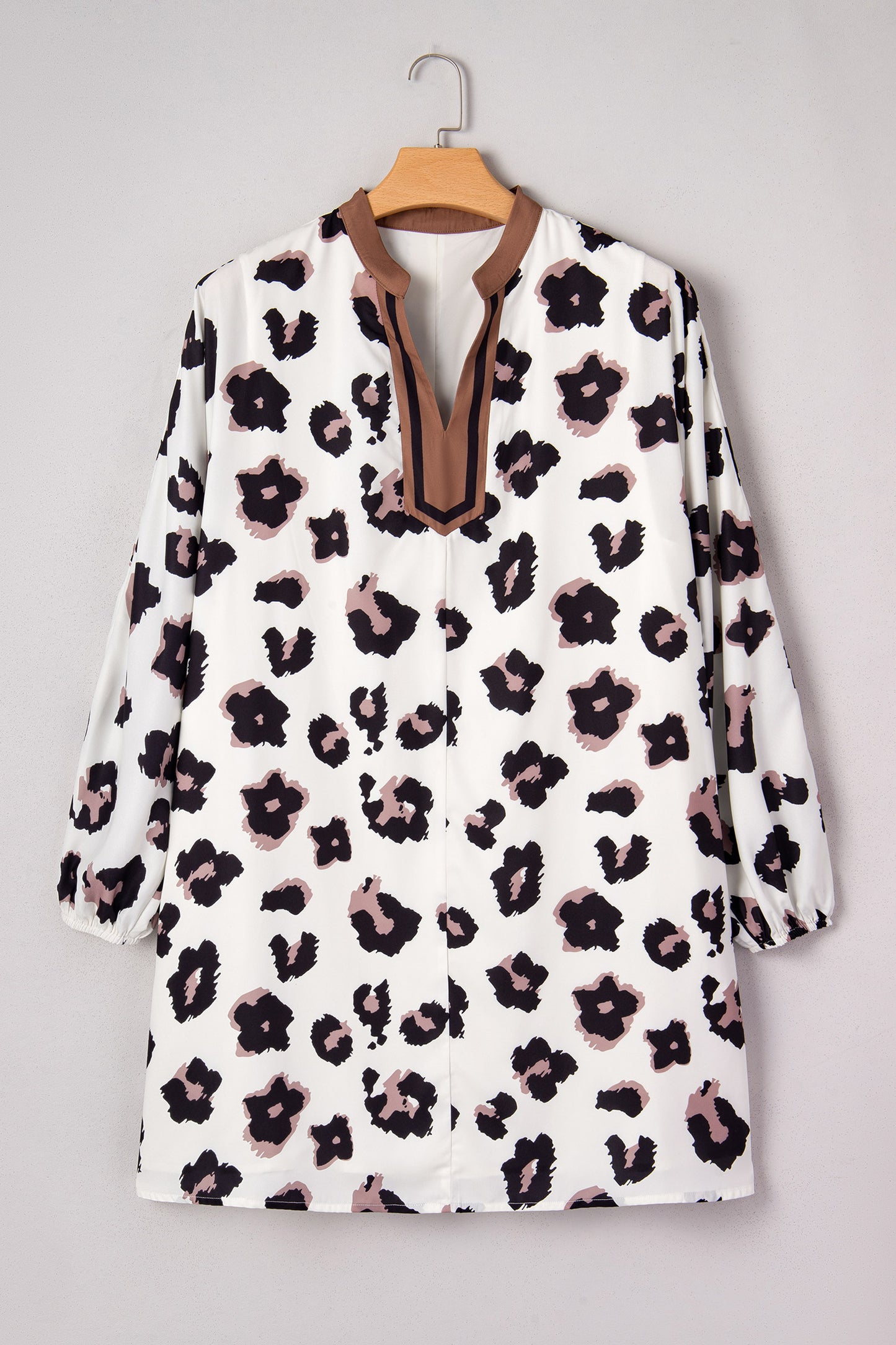 Khaki Leopard Print Contrast V Neck Plus Size Shift Mini Dress