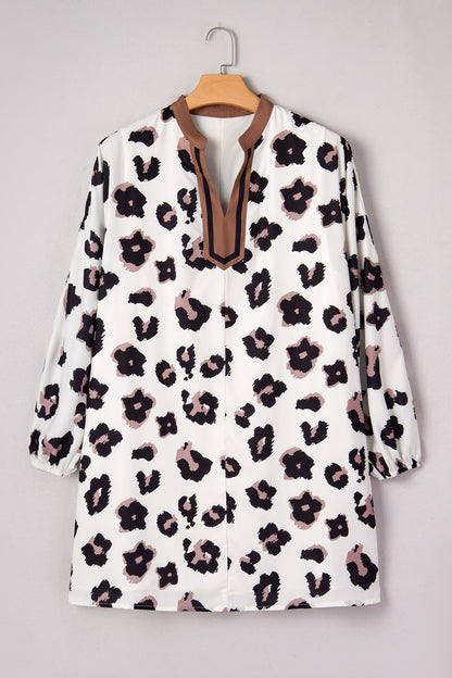 Khaki Leopard Print Contrast V Neck Plus Size Shift Mini Dress