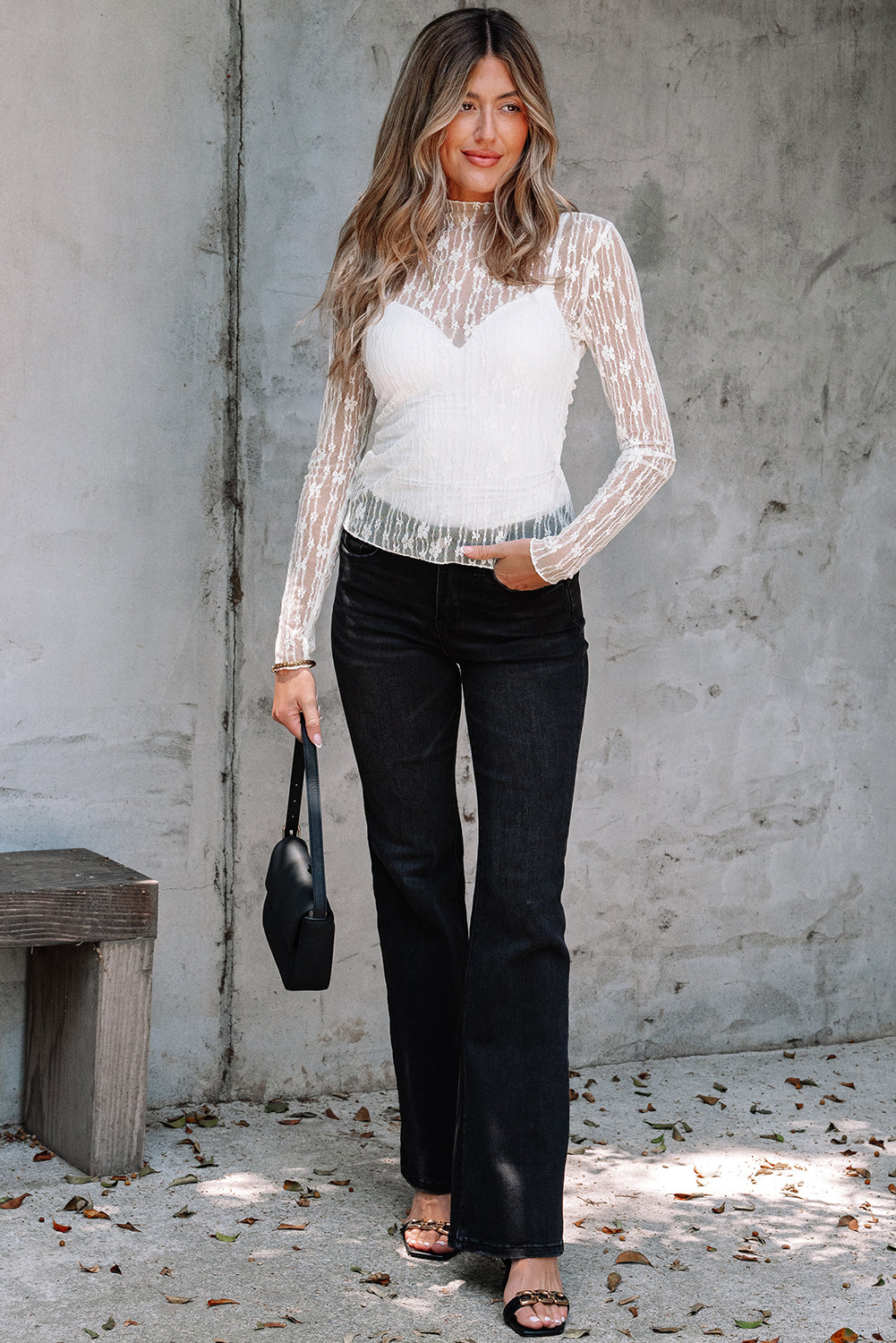 White Sheer Floral Lace Long Sleeve Slim Fit Top