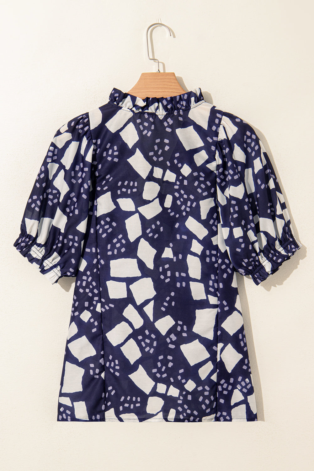 Blue Abstract Print Frilled Puff Sleeve V Neck Blouse