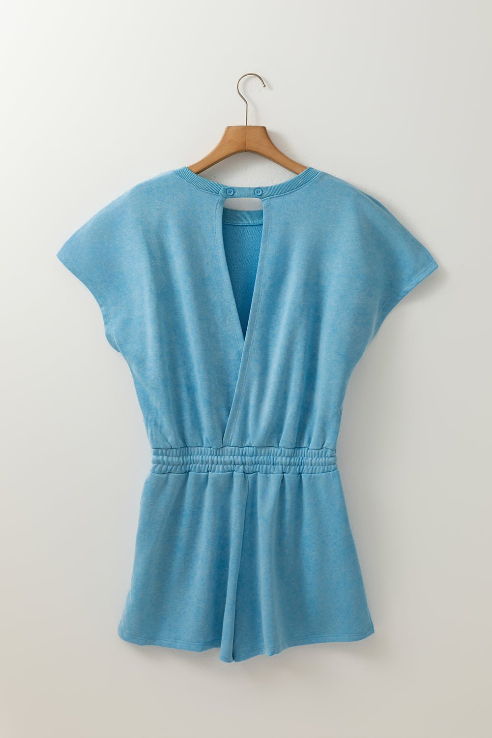 Mist Blue Mineral Wash Drawstring Elastic Waistband Hollow Out Back Short Sleeve Romper