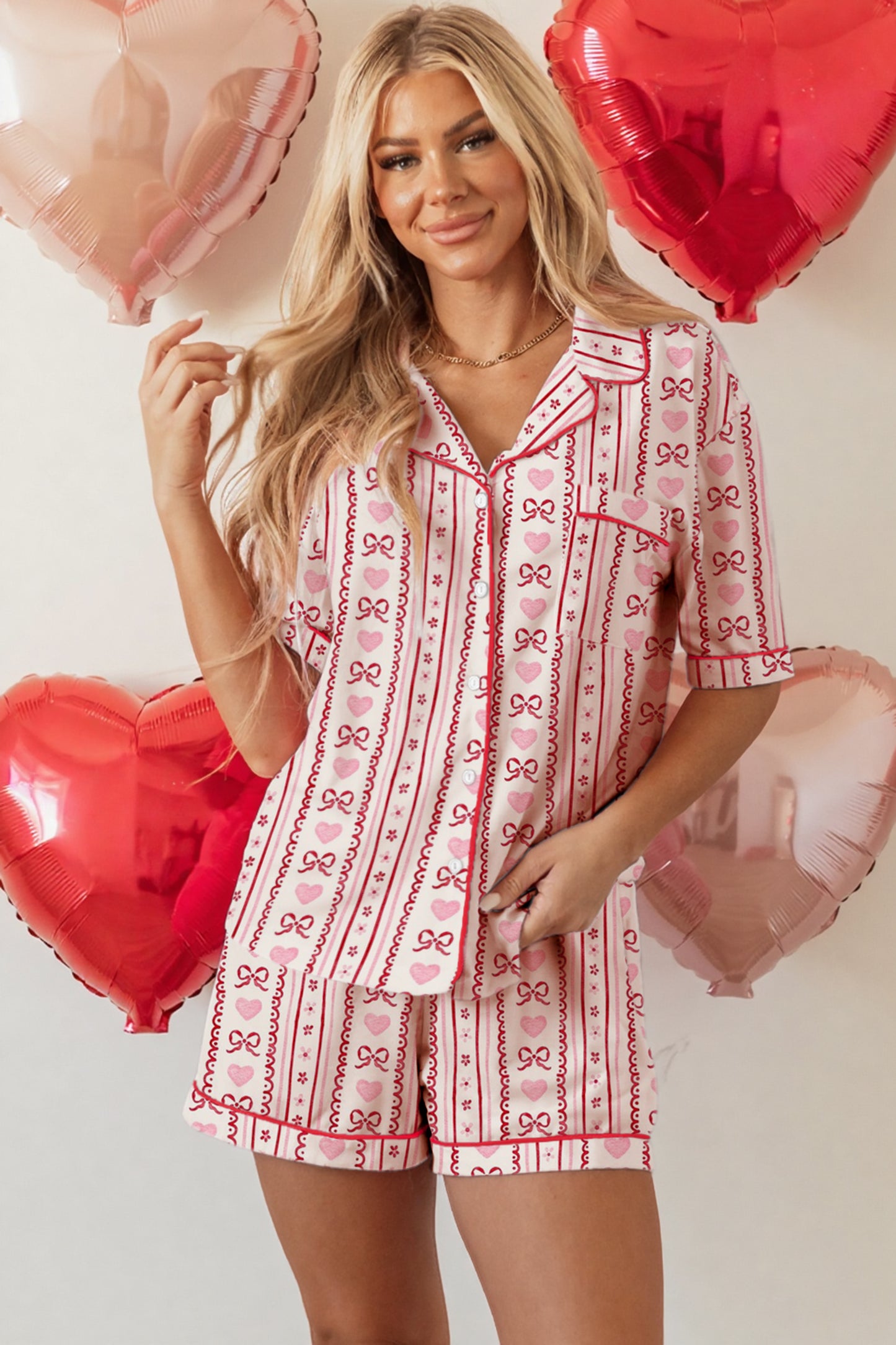 Red Cute Bow Heart Print Ribbon Decor Short 2pcs Pajama Set