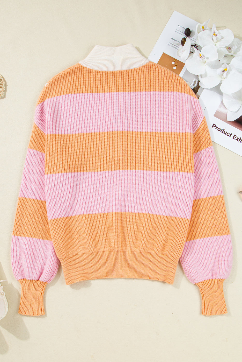 Orange Stripe Colorblock Half Zip Oversize Sweater