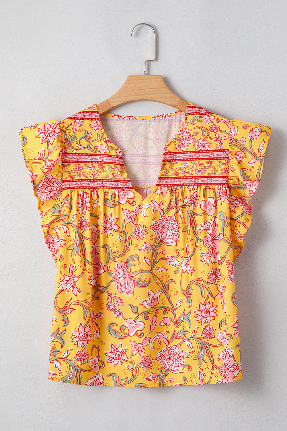 Yellow Floral Notched Neck Ruffled Sleeve Casual Blouse