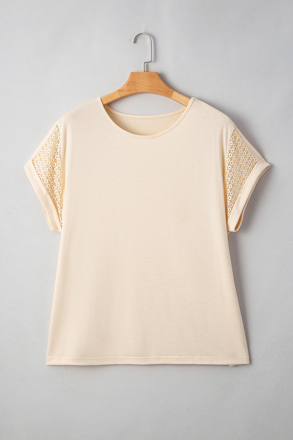 Parchment Lace Patchwork Short Sleeve Round Neck Plus Size Summer Top