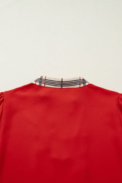 Racing Red Contrast Plaid Patchwork V Neck Long Sleeve Blouse