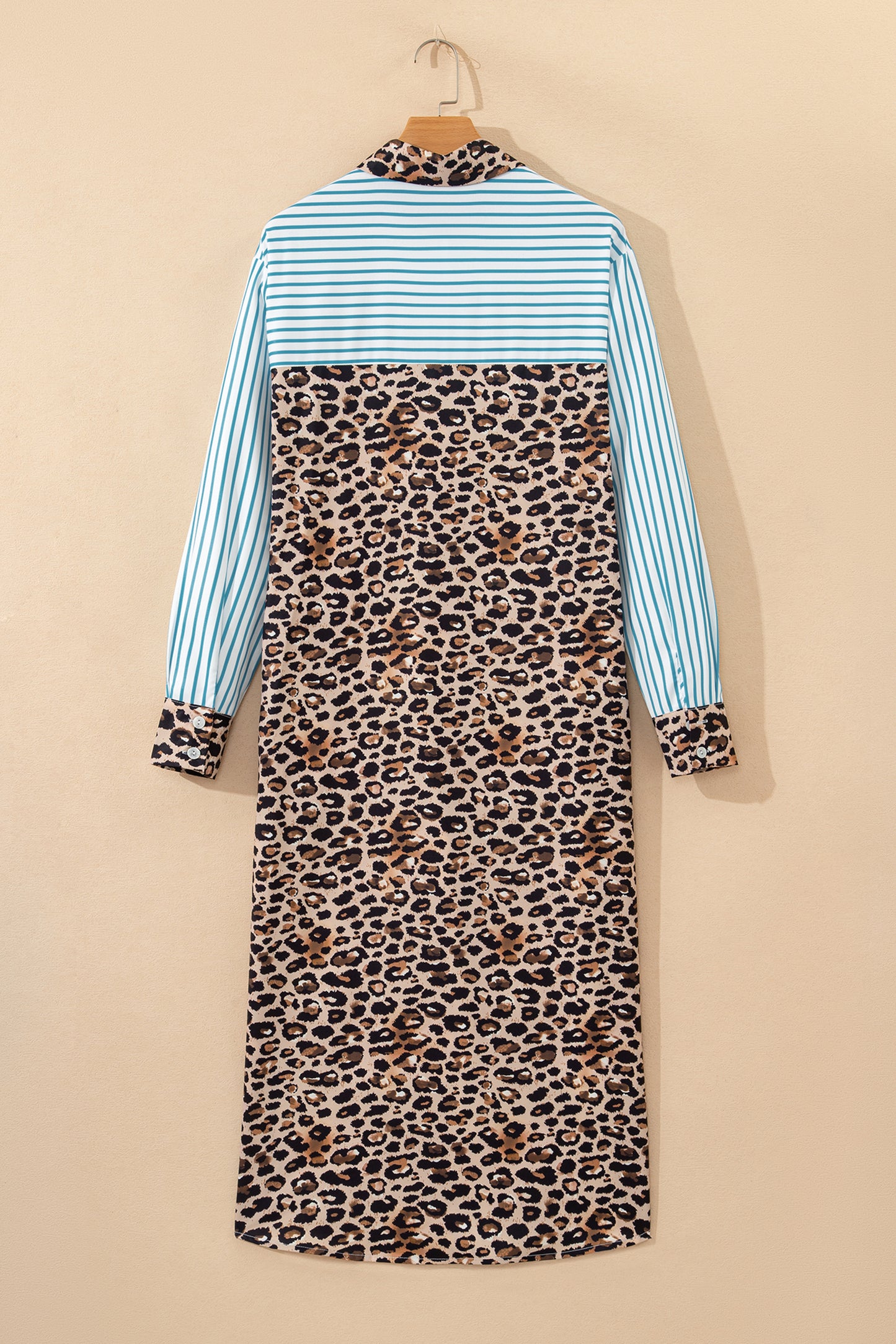 Sky Blue Stripe Contrast Leopard Patchwork Long Shirt Dress with Slits