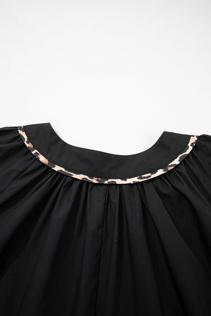 Black Plus Size Split Neck Leopard Trim Flounced Long Sleeve Blouse