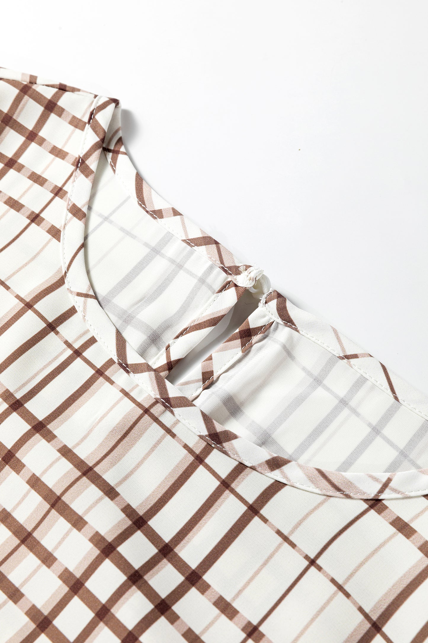 White Plaid Print Frilled Puffy Half Sleeve Blouse