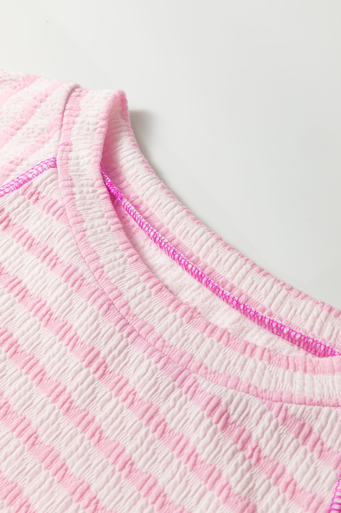 Pink Stripe Textured Knit Split Hem Half Sleeve Loose Top