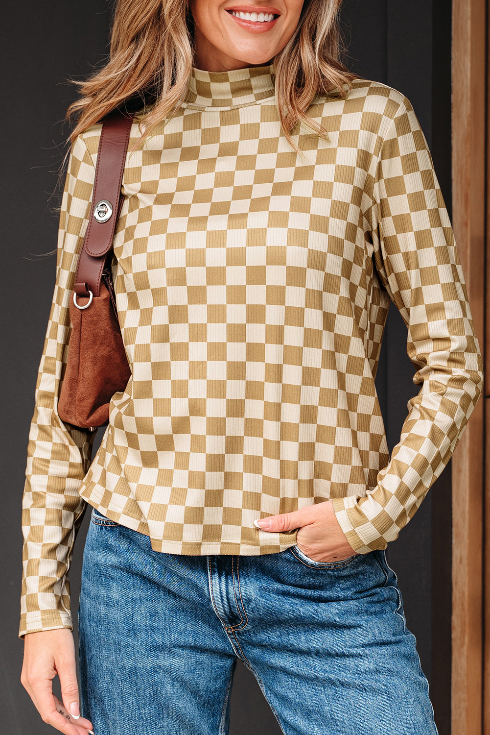 Khaki Check Pattern Turtleneck Ribbed Slim Long Sleeve Tee