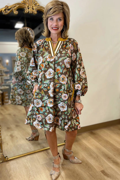 Brown Floral Print Contrast Trim V Neck Pocketed Long Sleeve Mini Dress