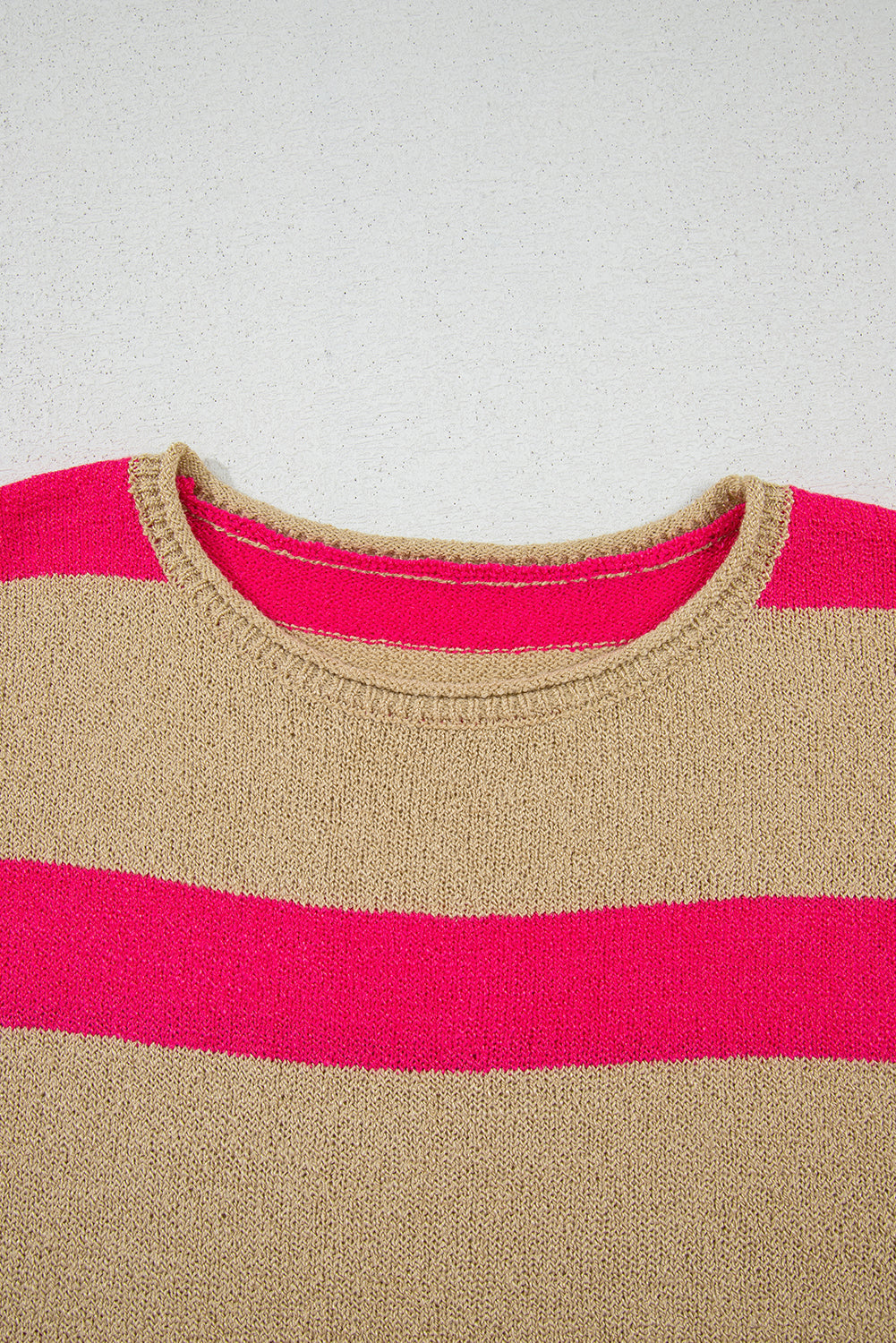 Pink Stripe Colorblock Short Sleeve Crew Neck Lightweight Sweater