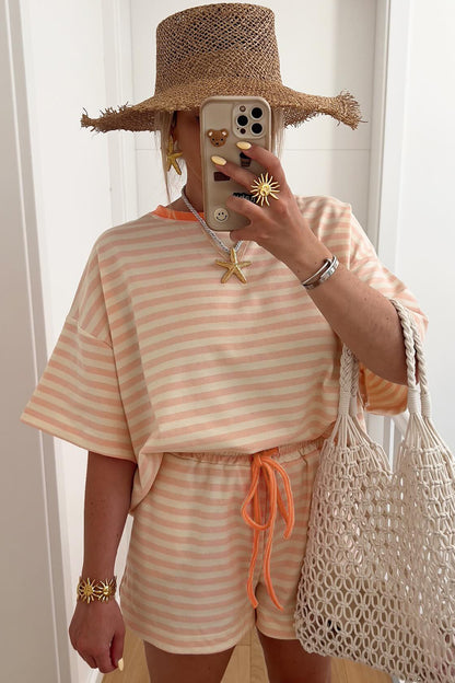 Pink Stripe Contrast Neck Loose Tee and Drawstring Shorts Set