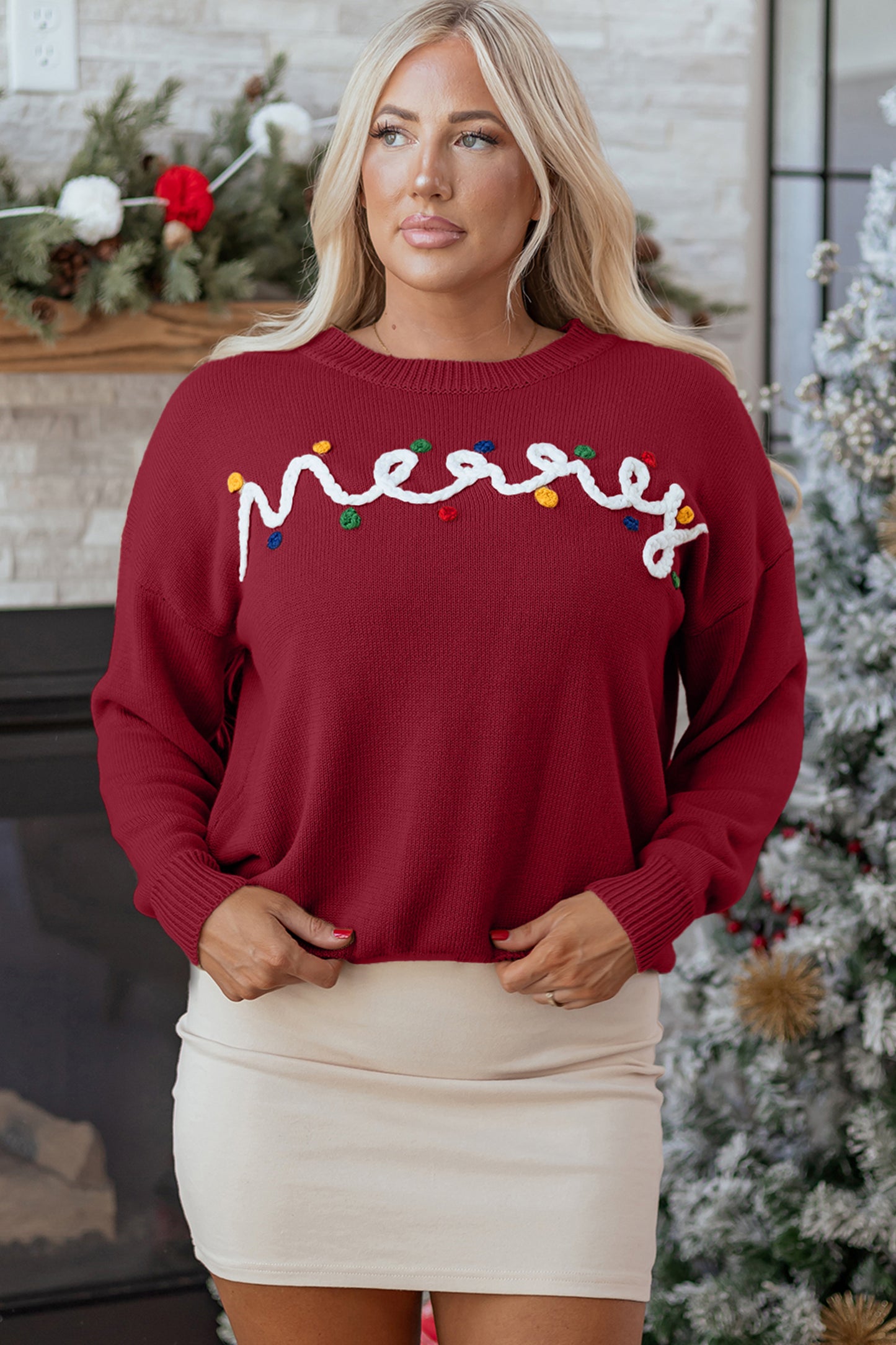Smoke Gray Merry Colorful Dot Detail Christmas Drop Shoulder Sweater