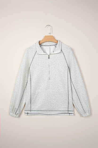 Light Grey Half Zip Stand Neck Seam Detail Long Sleeve Top