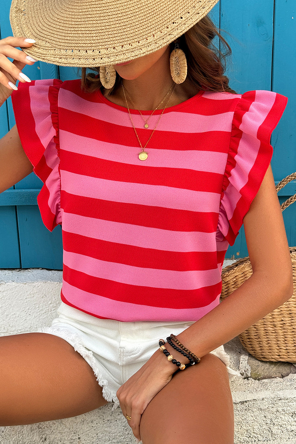 Red Stripe Flutter Sleeve Round Neck T Shirt