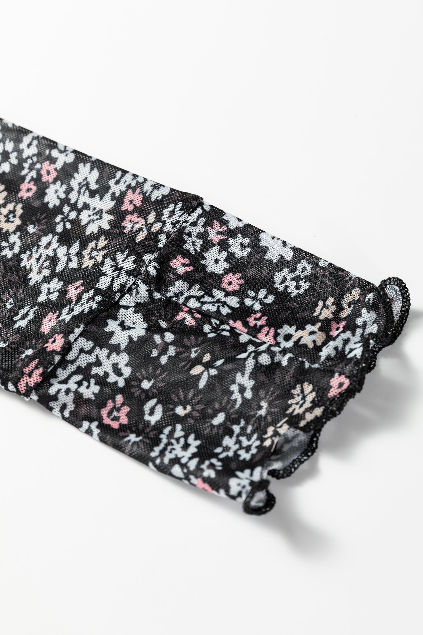 Black Ditsy Floral Mesh Thumbhole Sleeve Slim Fit Top