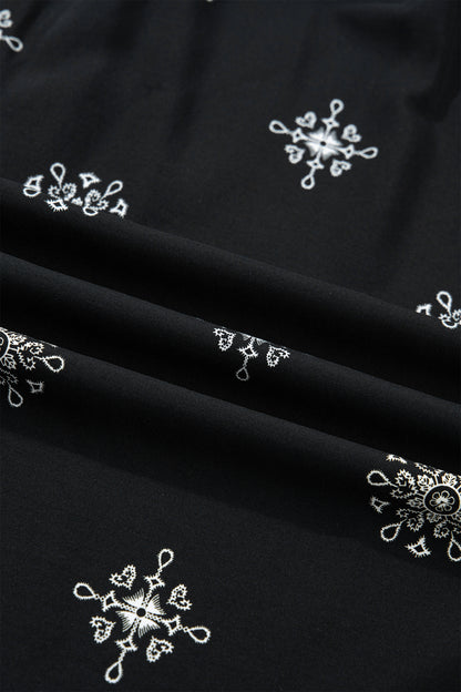 Black Boho Chic Notched V Neck Plus Floral Short Sleeve Top