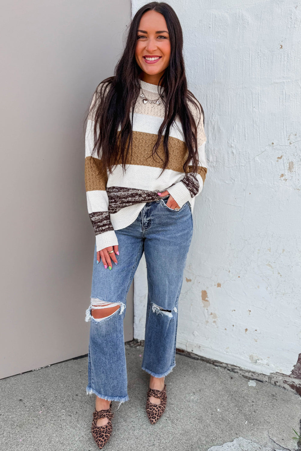 Brown Mixed Texture Knit Striped Color Block Loose Sweater