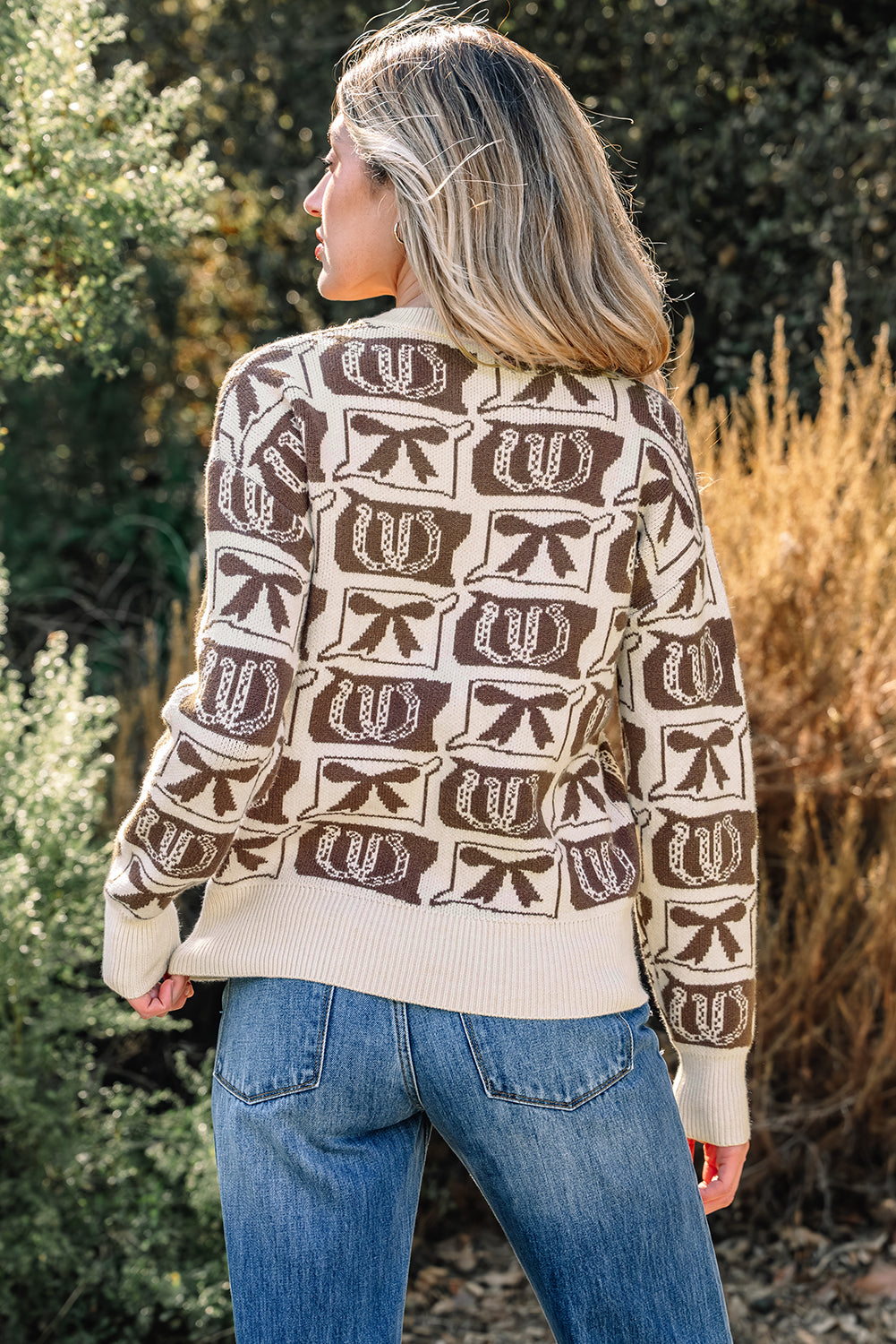 Brown Bows & Horseshoes Pattern Western Fashion Print Sweater