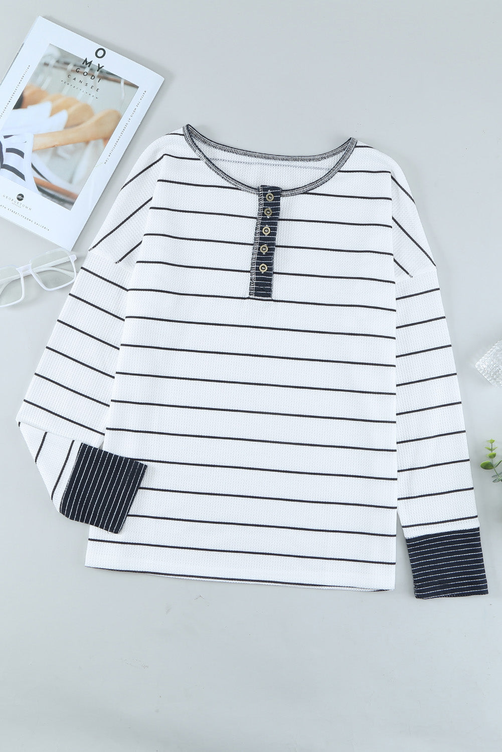 White Striped Buttoned Henley Waffle Knit Top