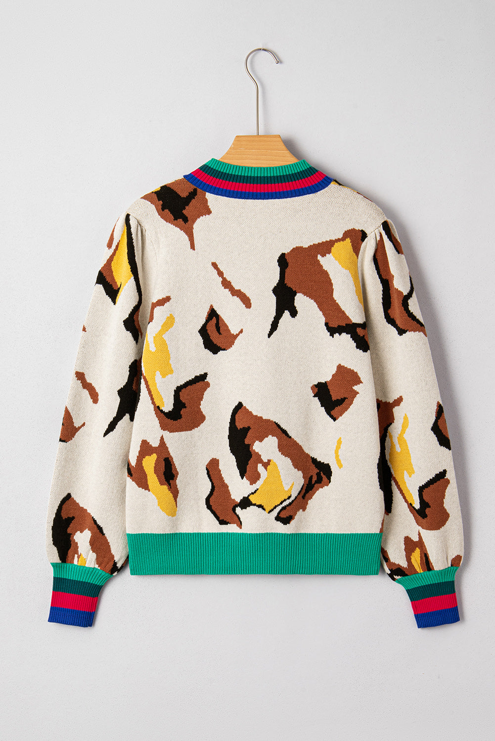 Apricot Contrast Ribbed Stripes Detail Animal Pattern Knit Sweater