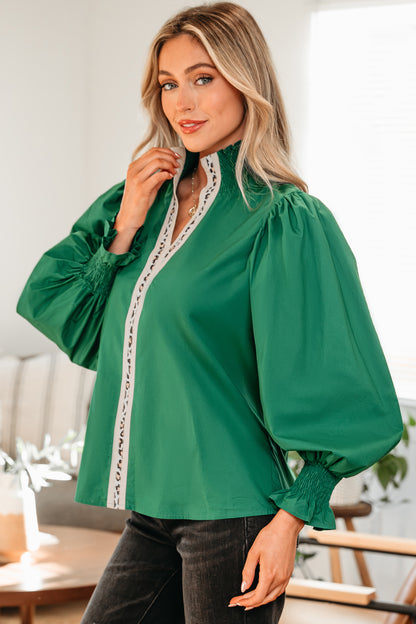 Evergreen Puffy Flounce Sleeve Leopard Trim V Neck Blouse