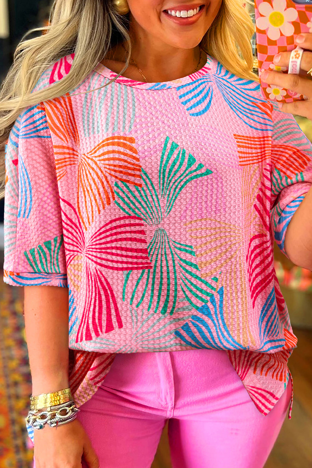 Pink Bowknot Printed Waffle Crewneck Loose Short Sleeve Top