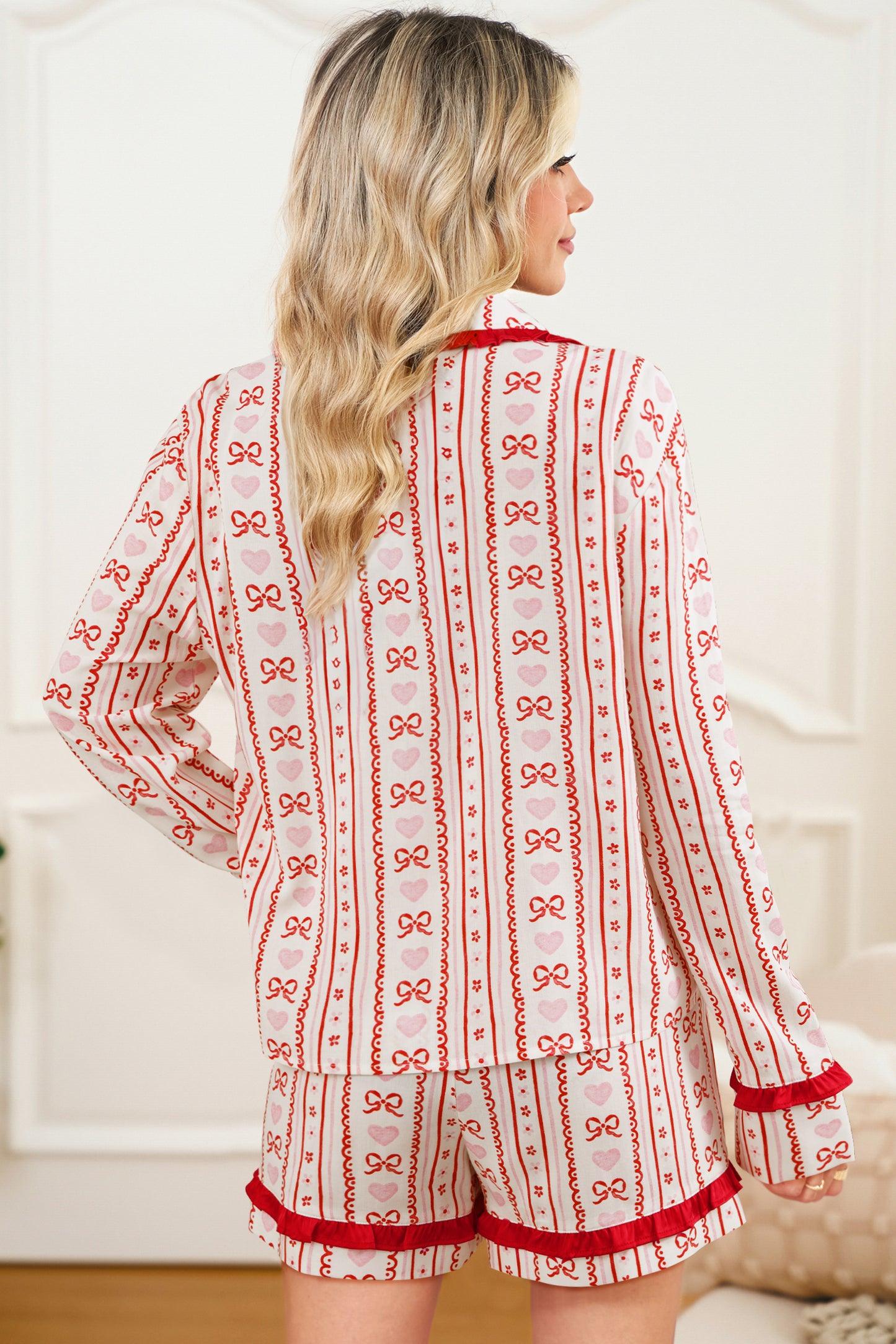 Red Sweet Floral Heart Bow Print Contrast Trim Long Sleeve Shirt Pajama Short Set