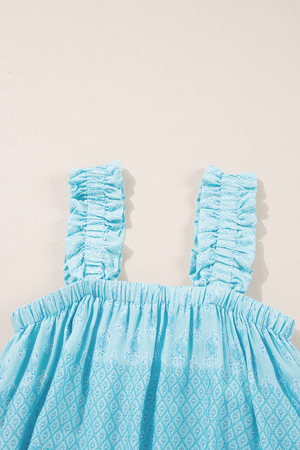 Sky Blue Tribal Pattern Print Ruffled Wide Straps Loose Tank Top