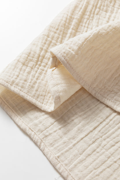 Beige Crochet Insert Textured Cotton Short Sleeve Blouse Top