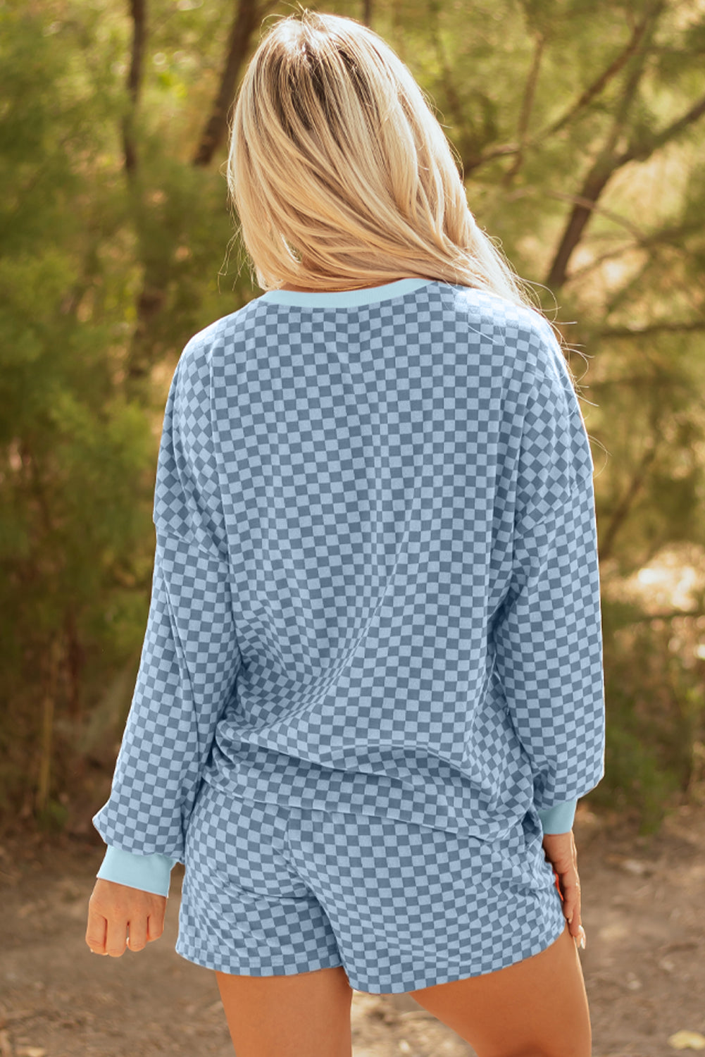 Sky Blue Checkerboard Long Sleeve Pullover and Shorts Set