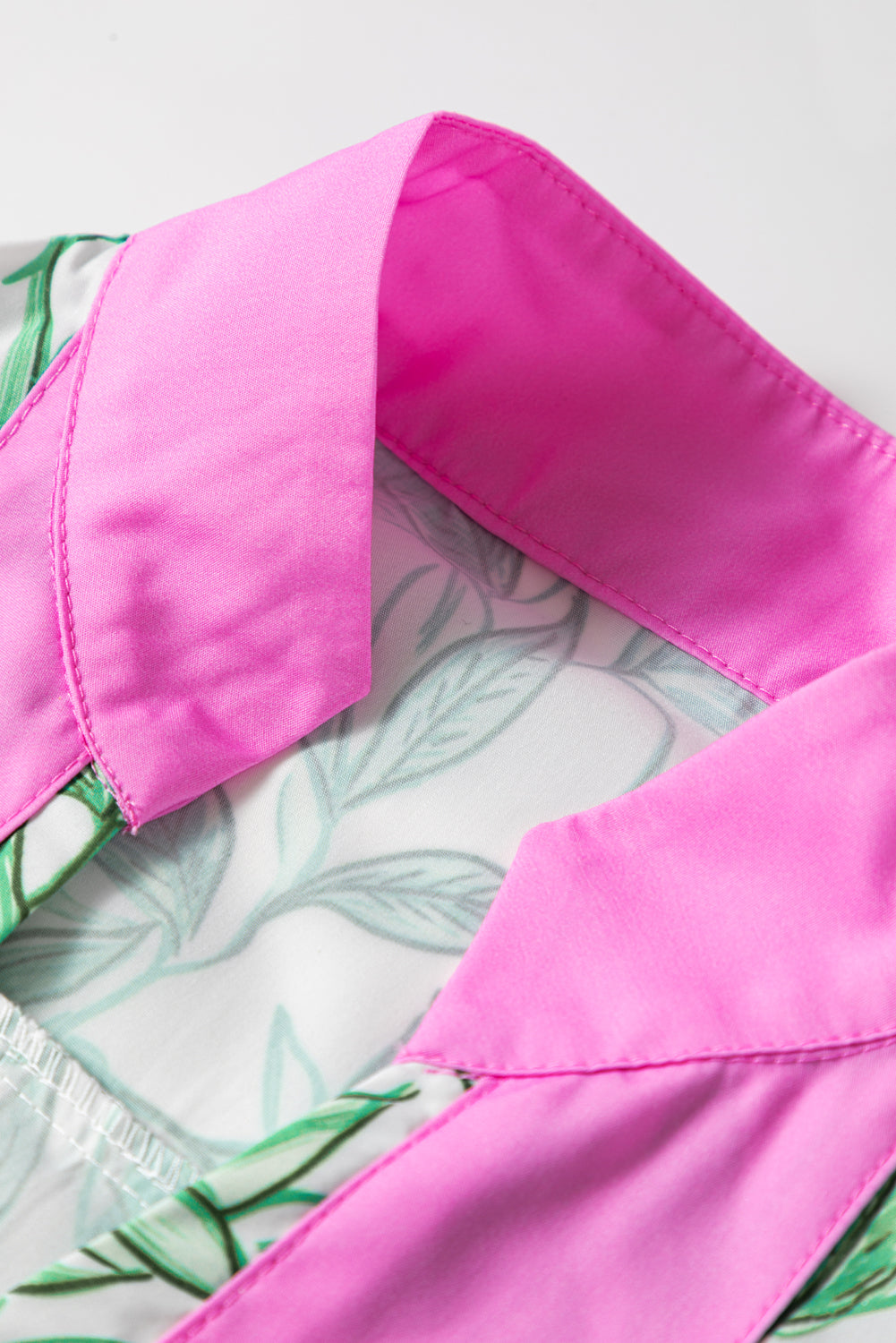 Green Leaves Pattern Color Block V Neck Puff Sleeve Blouse