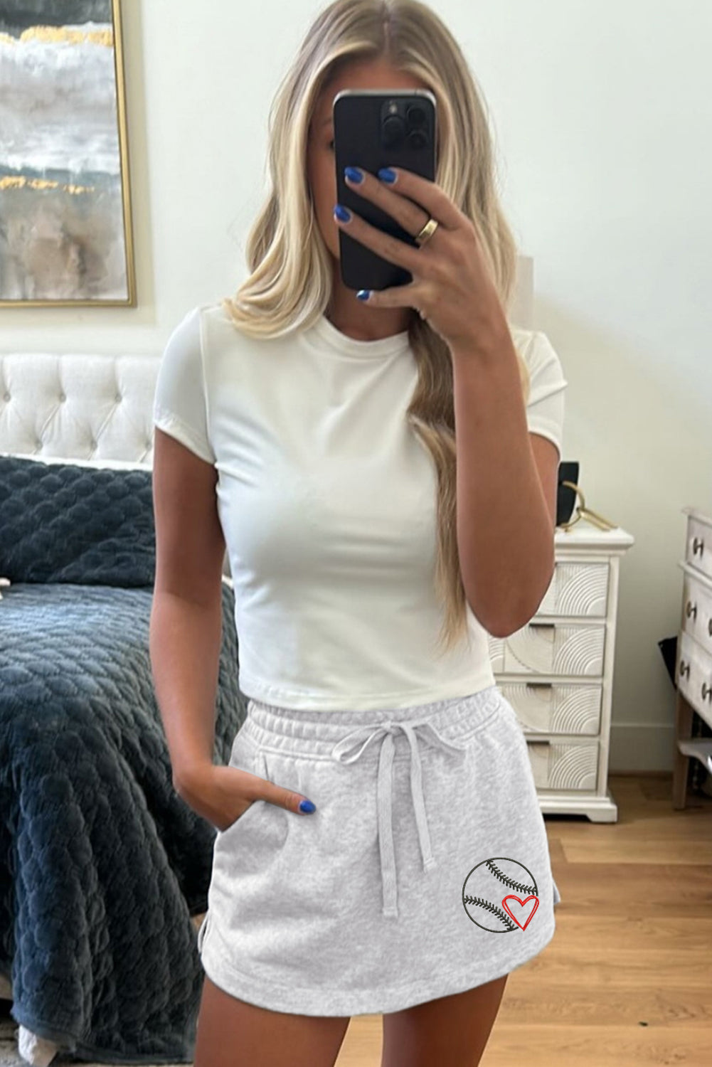 Light Grey Baseball Heart Embroidery French Terry Skort