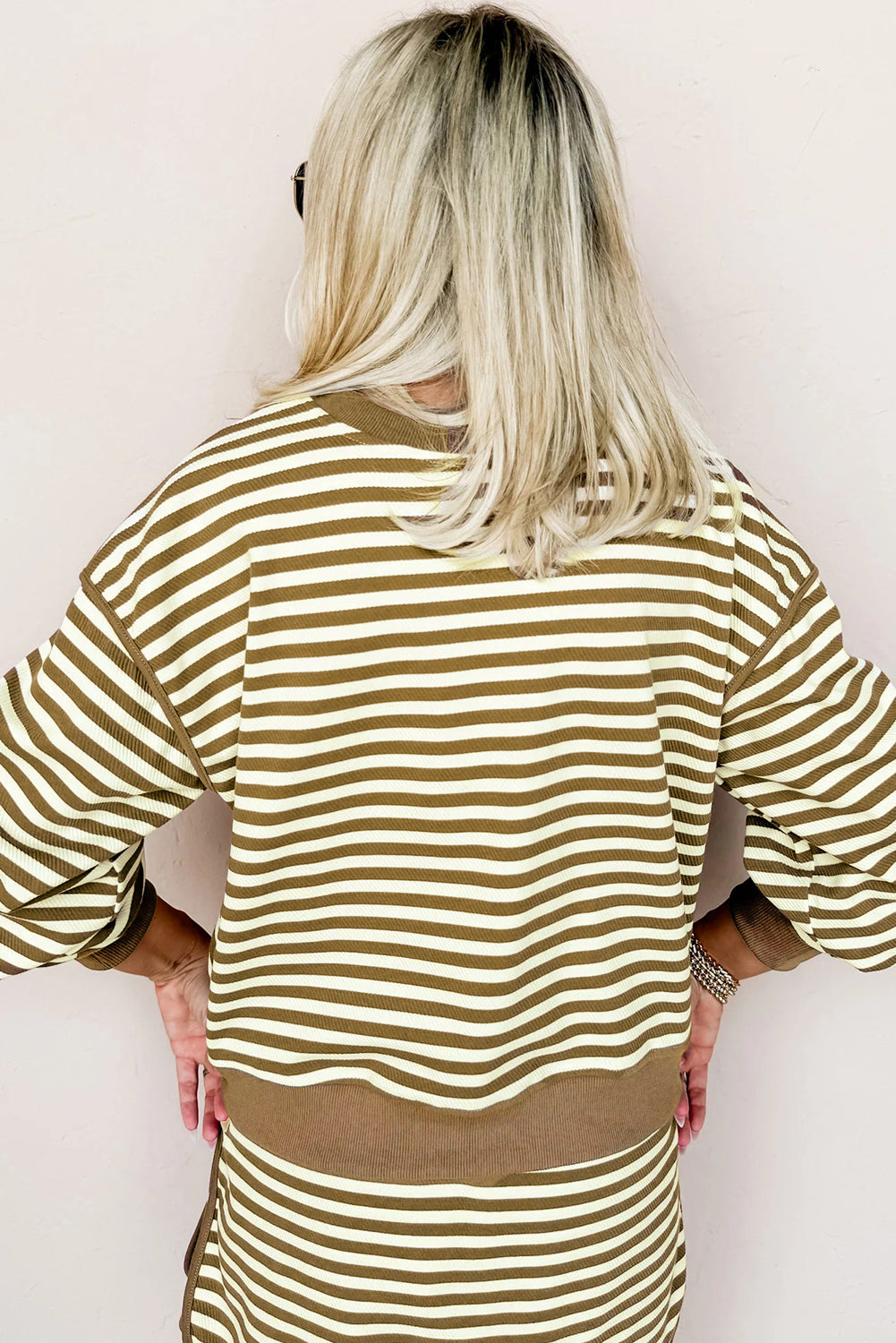 Brown Stripe Textured Drop Shoulder Pullover Top Drawstring Mini Skirt Two Piece Dress Set