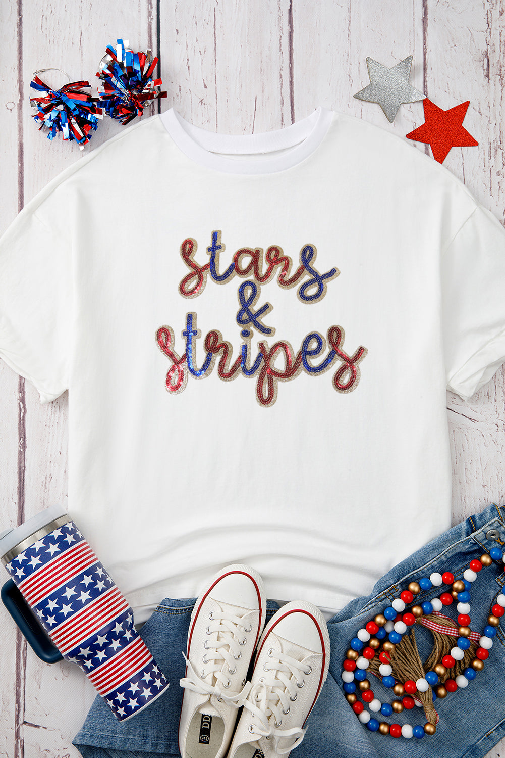 White Sequin stars & stripes Graphic Drop Shoulder Loose T Shirt