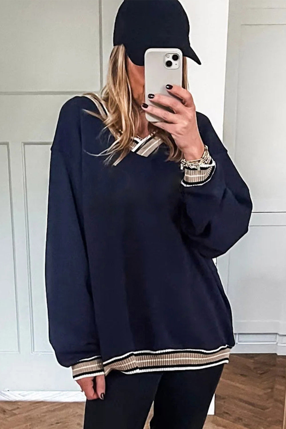 Navy Blue Varsity Contrast Striped Trim V Neck Sweatshirt