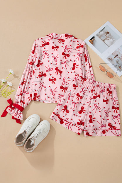 Red Bow Print Valentine Long Sleeve Shirt Shorts 2 Pcs Pajama Set