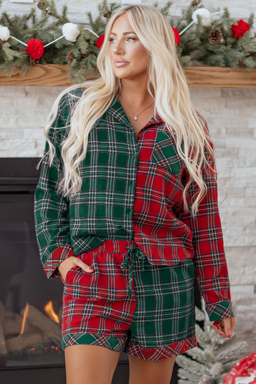 Green Plaid Contrast Patched Christmas Holiday Long Sleeve Shirt and Short 2pcs Pajama Set